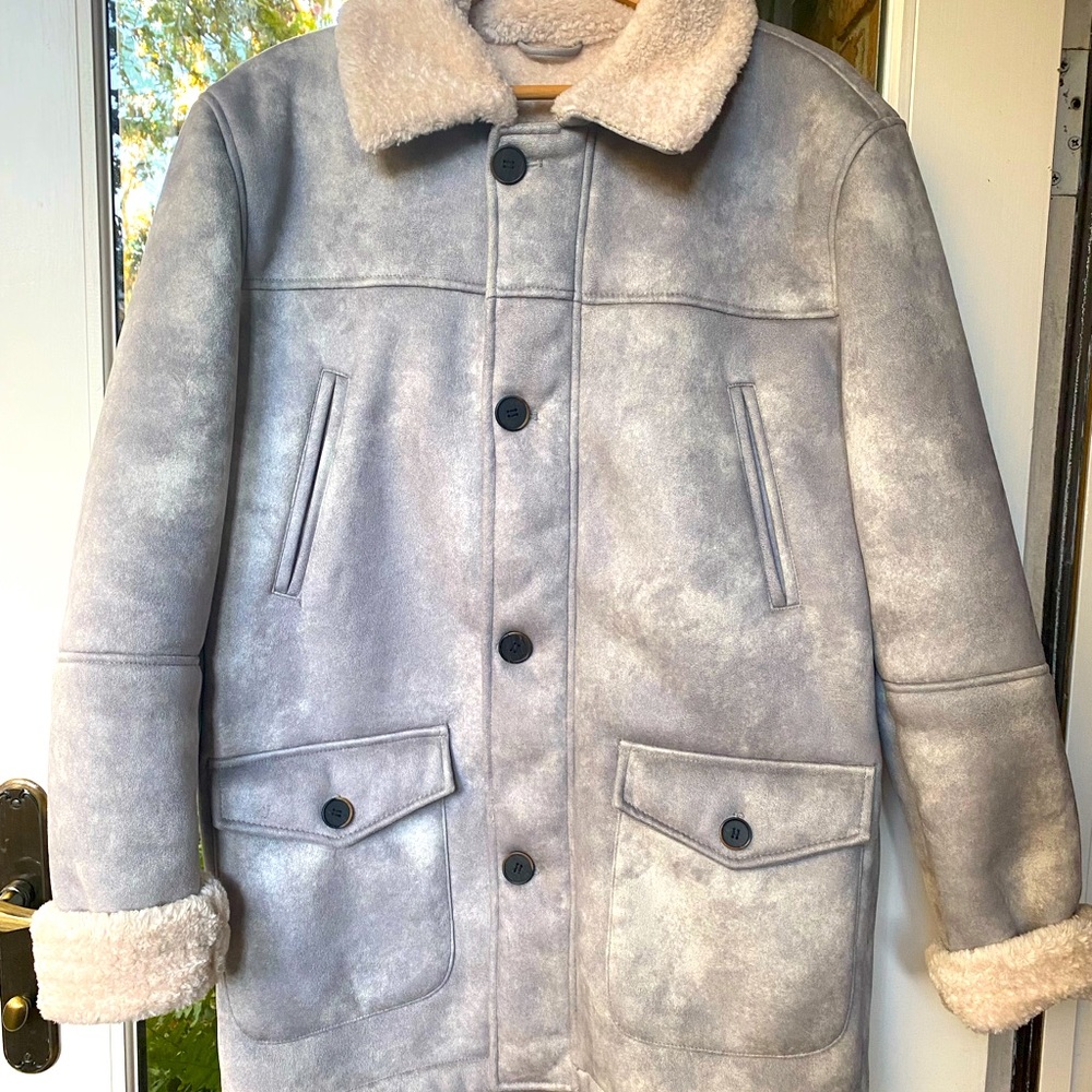 New Zara Faux Shearling Grey Suede Jacket